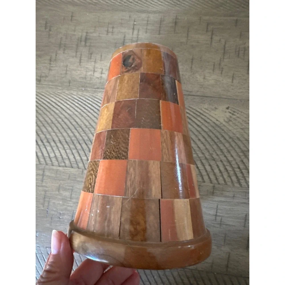 Vintage Handcrafted Patchwork Inlaid Wood Vase MidCentury